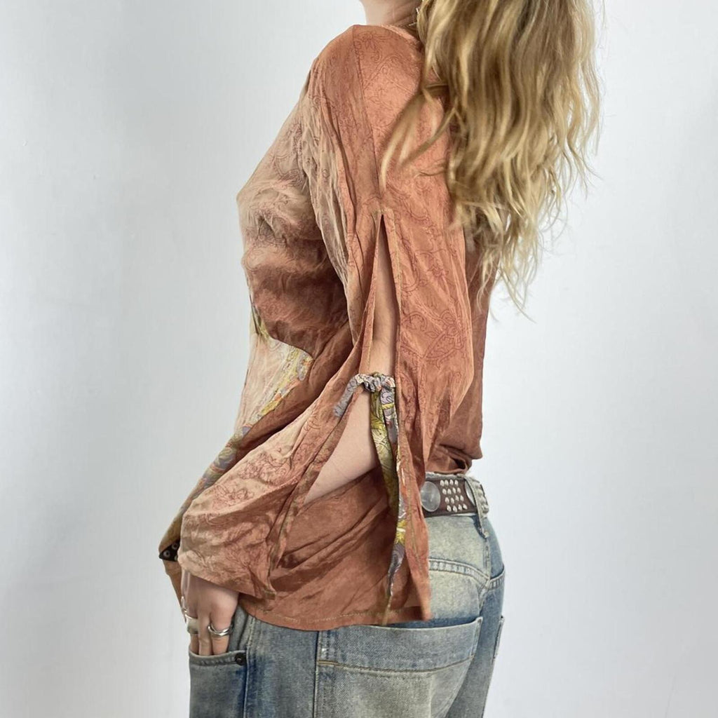 Brown bohemian silky long sleeve top