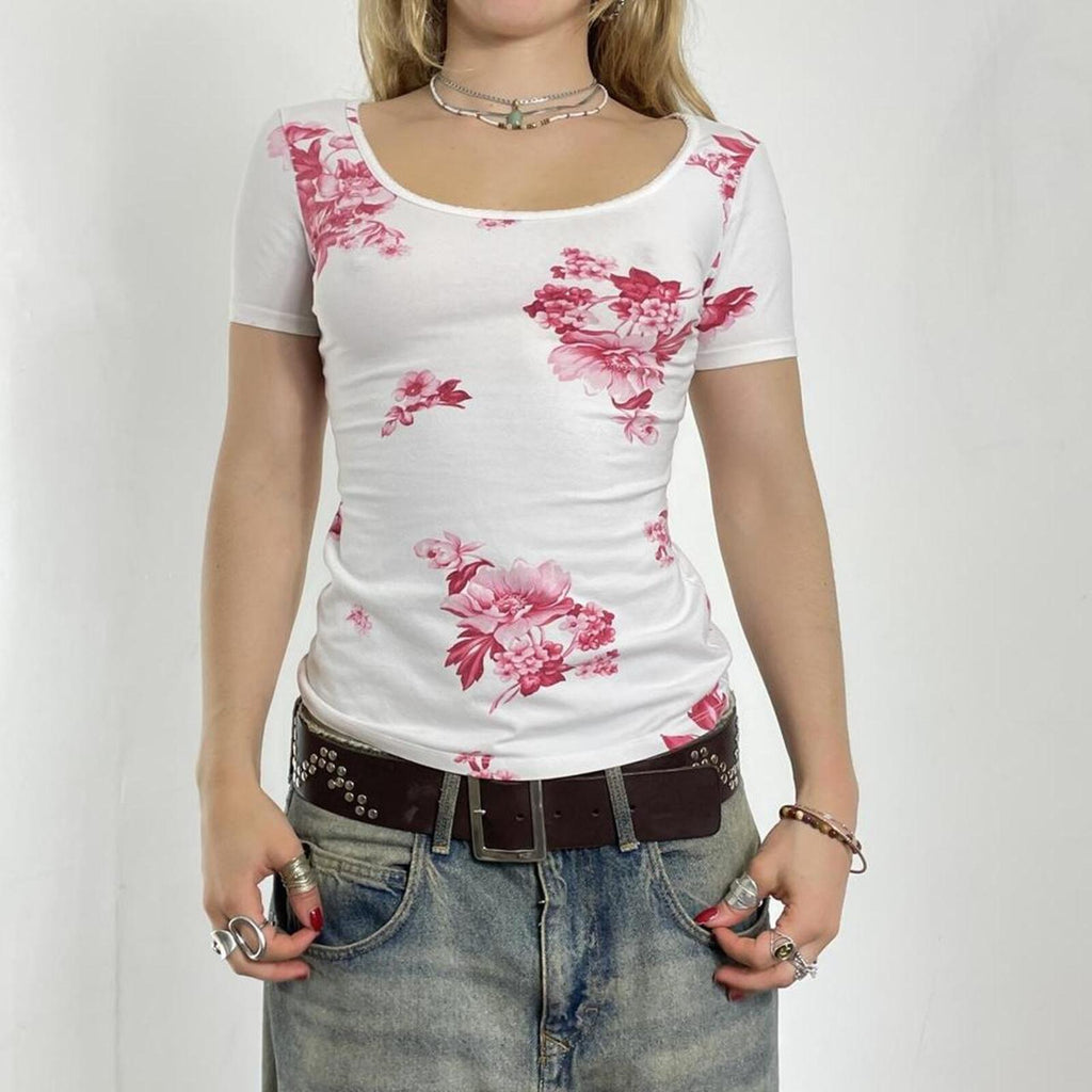 Pink and white floral low neck top