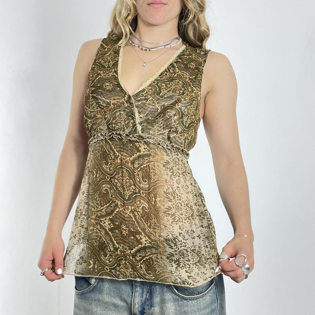 Mesh green and brown print blouse with a tie in the back