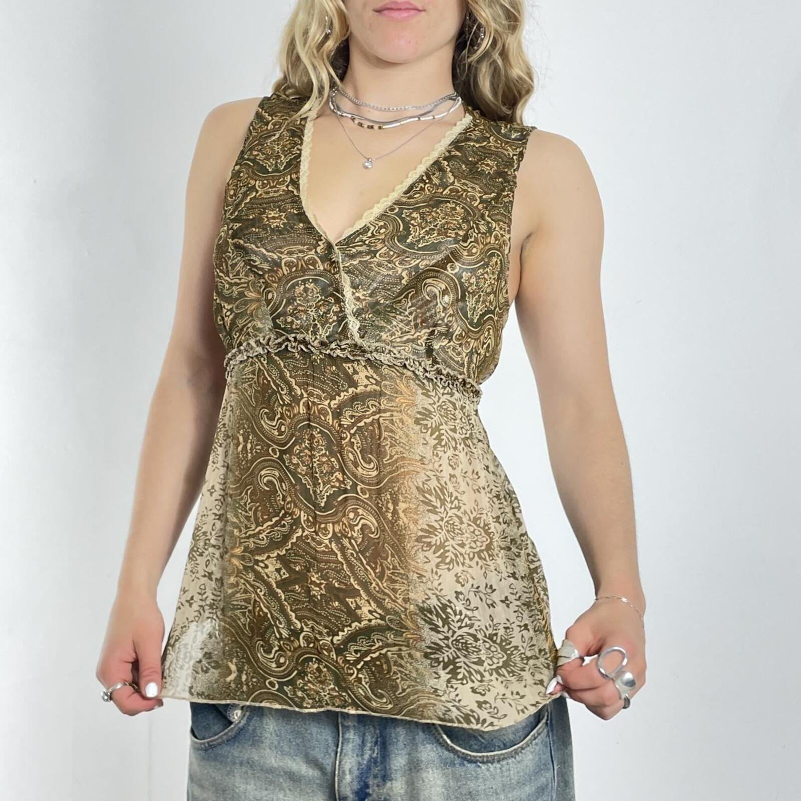 Mesh green and brown print blouse with a tie in the back