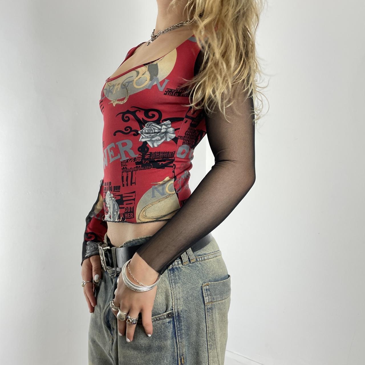 Graphic black and red long sleeve mesh top