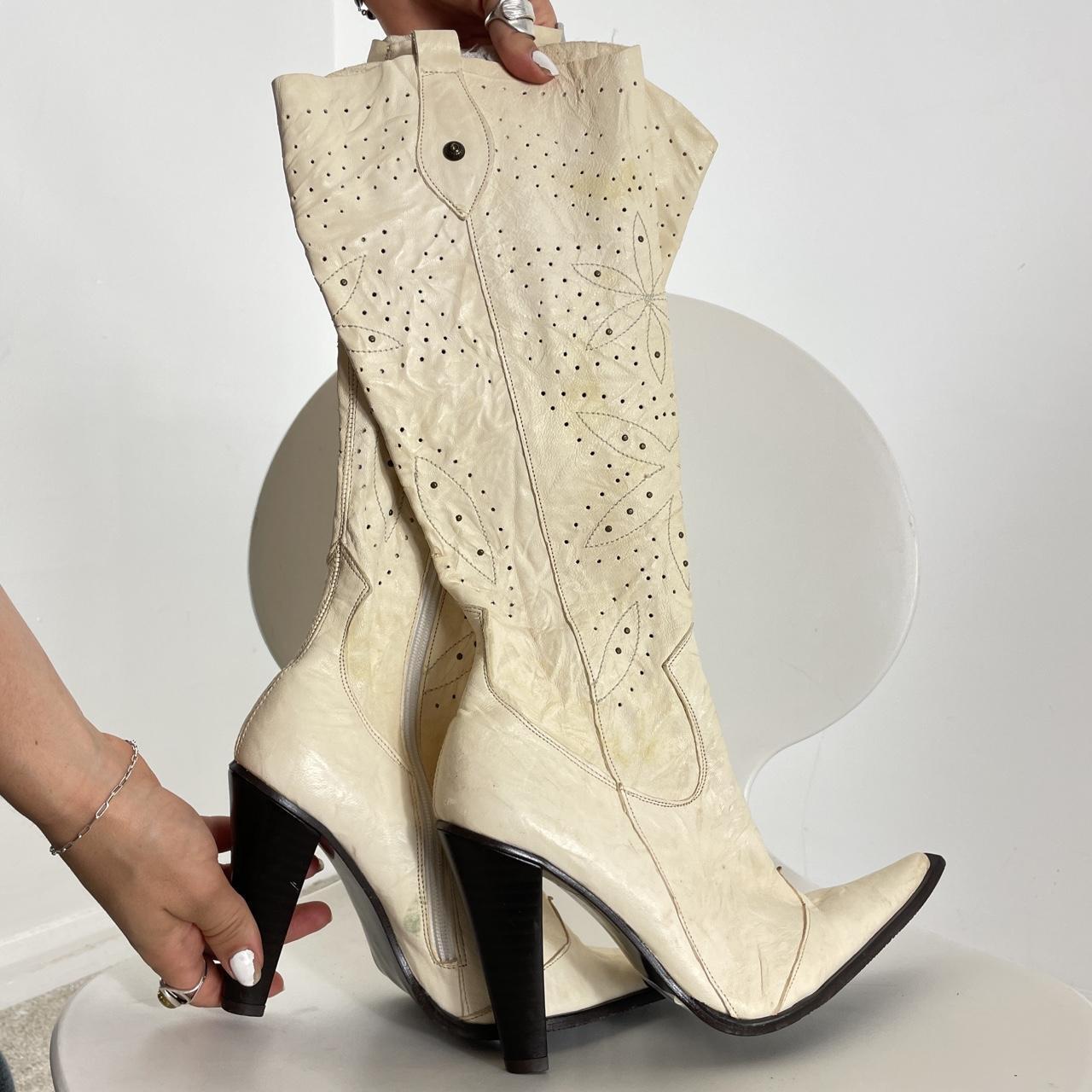Cream vintage patterned high-heeled boots