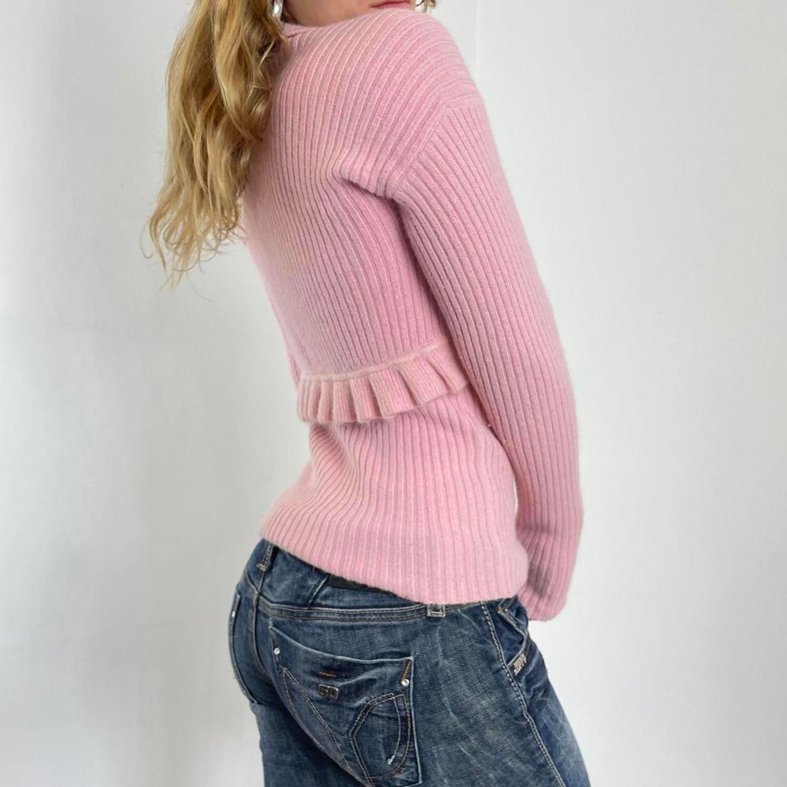00's baby pink ribbed cammi top with lettuce hem and matching balero cardigan top