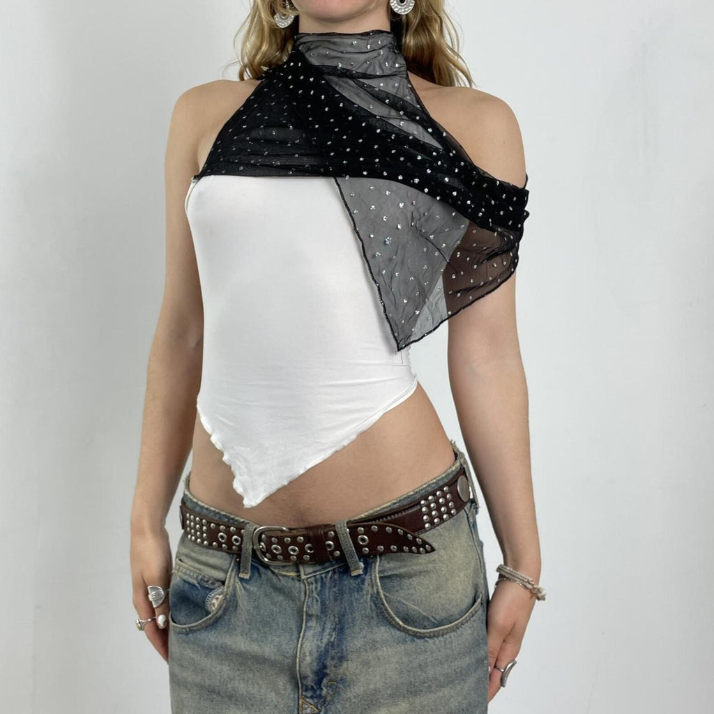 White and mesh sequined dimond turle neck top, ties up at the back, can be worn in a few ways