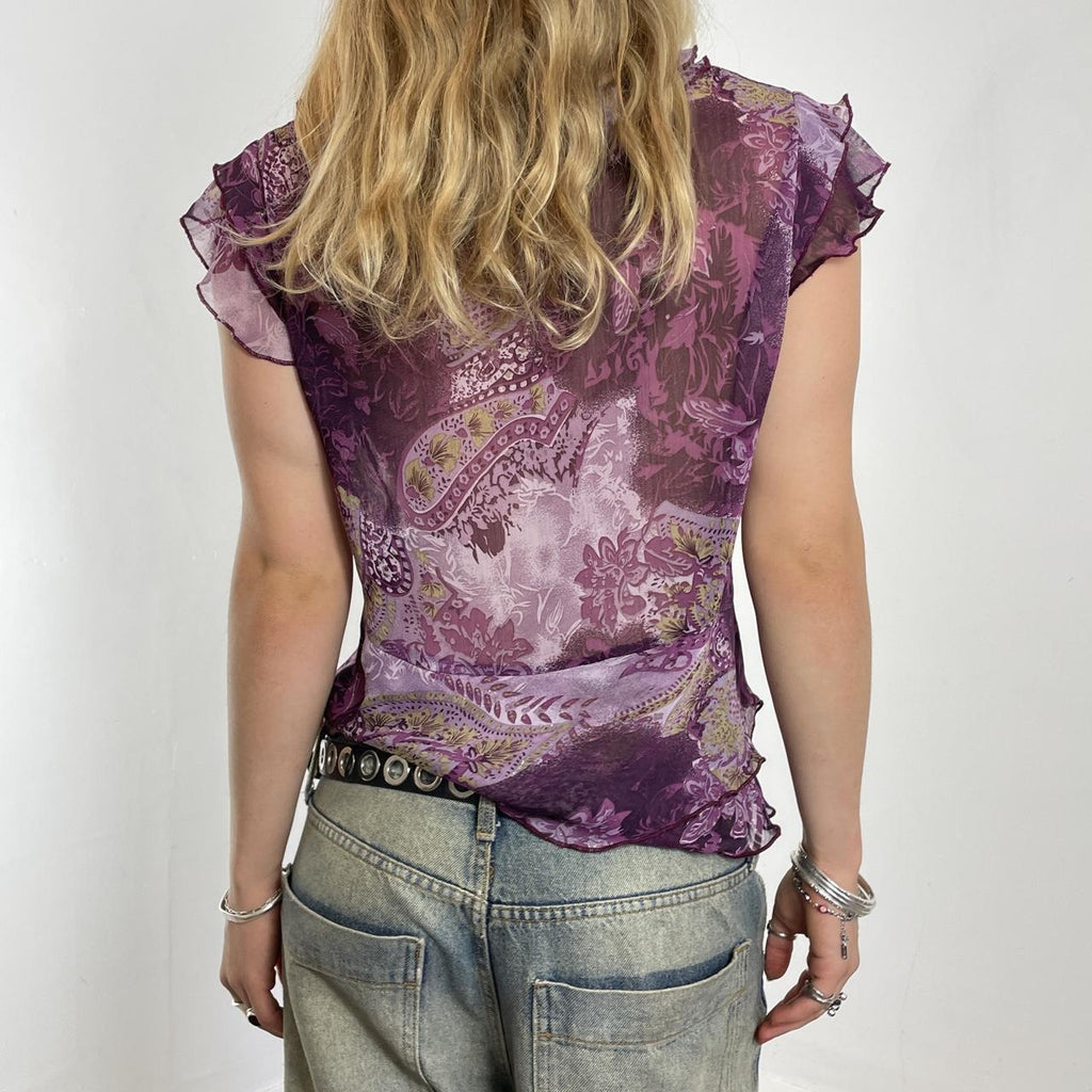 Purple mesh bohemian paisley ruffled v neck top