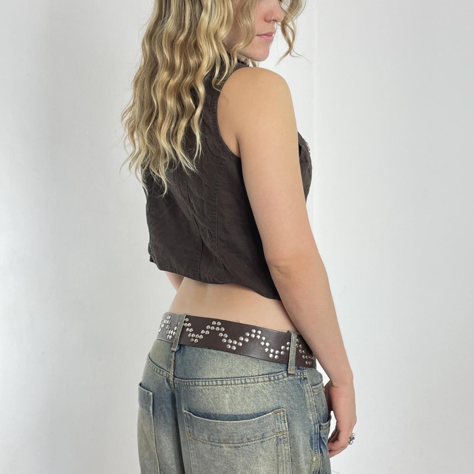 Brown denim button up waistcoat with ruffles at the neckline