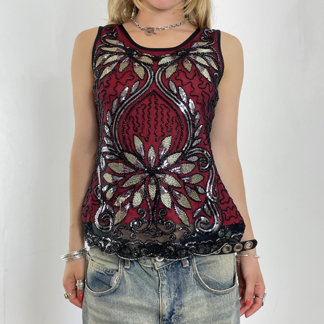 Red and black sequin and embroidered tank top