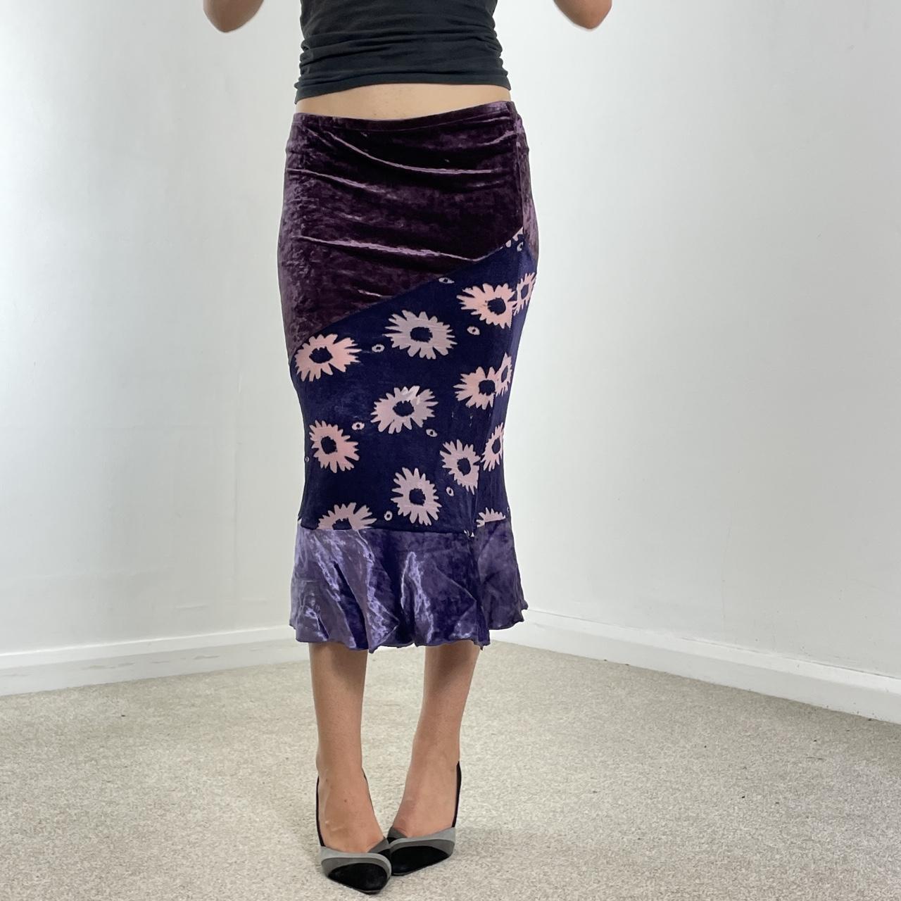 Purple velvet and floral midi skirt