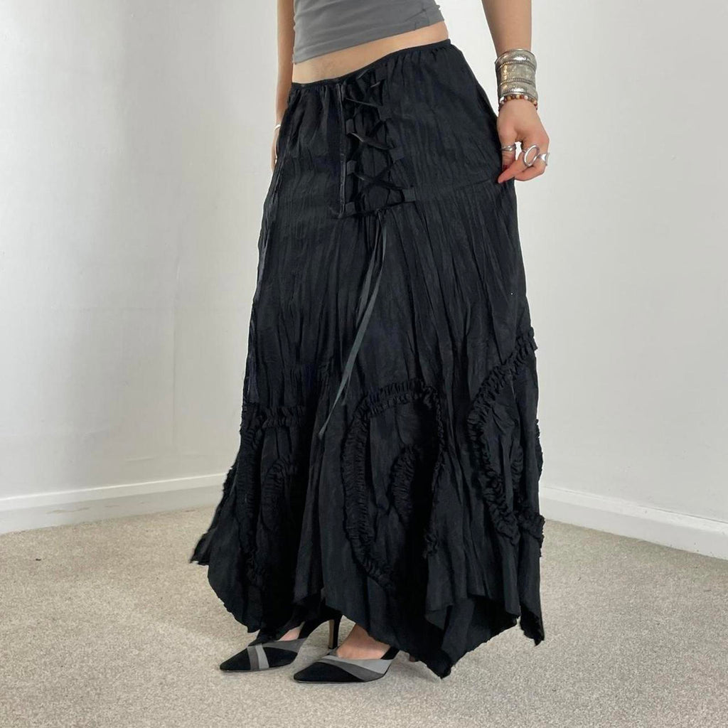 Avant Garde Vintage black full length maxi skirt with lace cross details