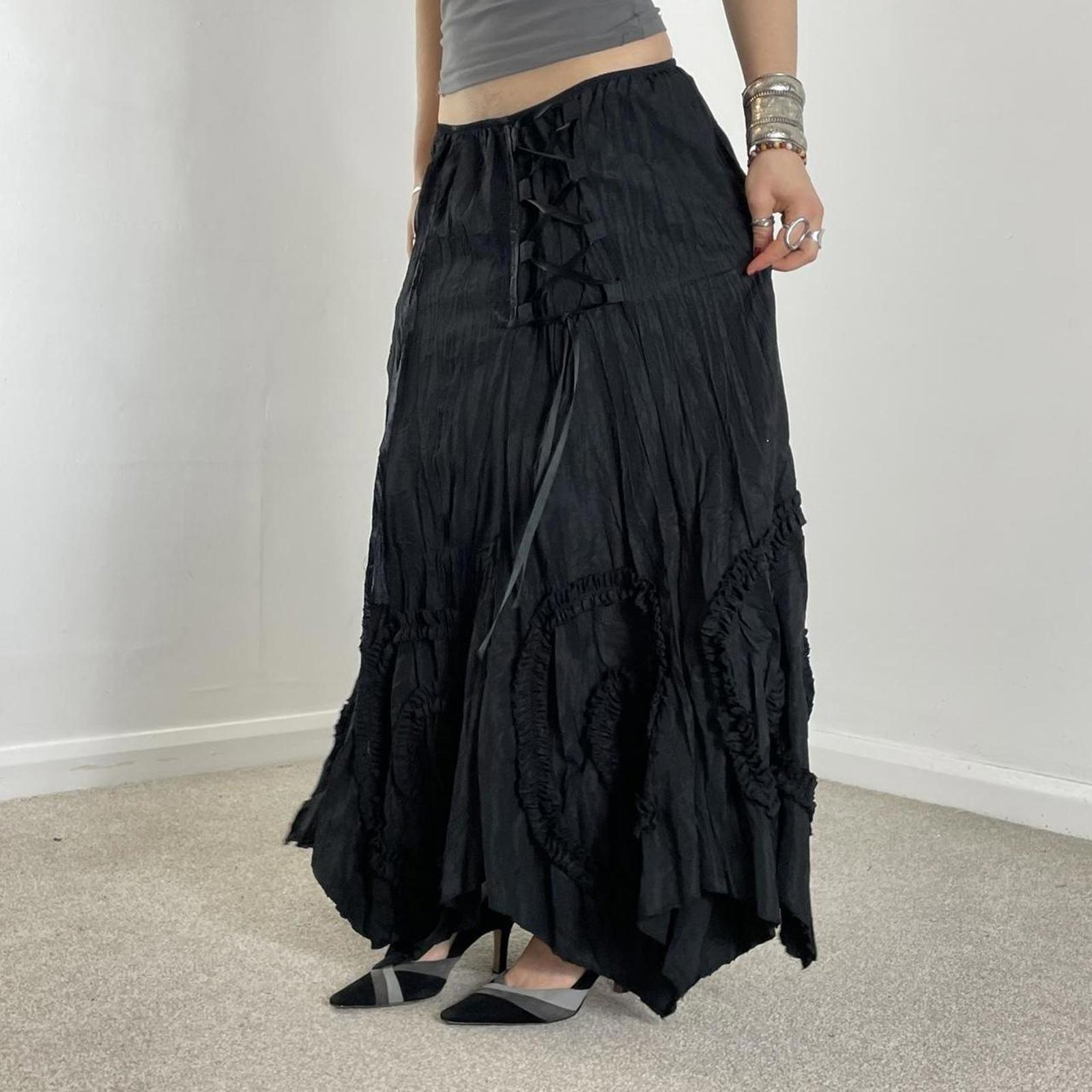 Avant Garde Vintage black full length maxi skirt with lace cross details