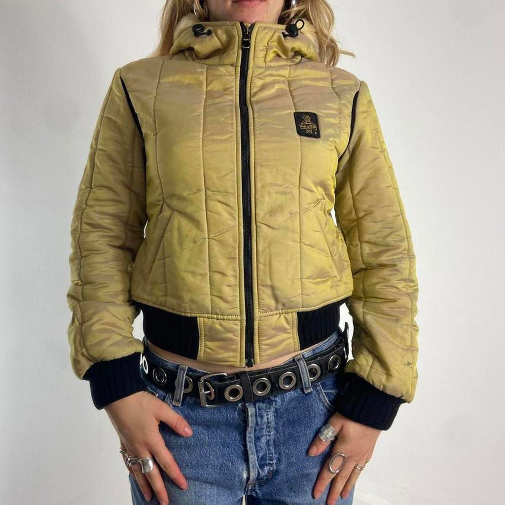 Vintage irradecant mustard cropped puffer jacket, hooded with thick black wasit band.