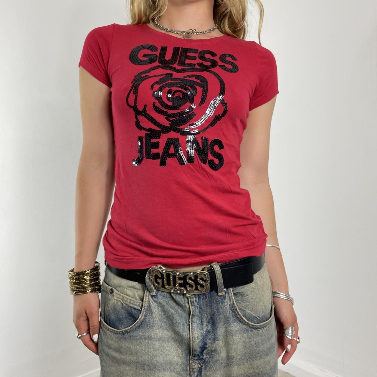 Guess sequin fitted red graphic tee