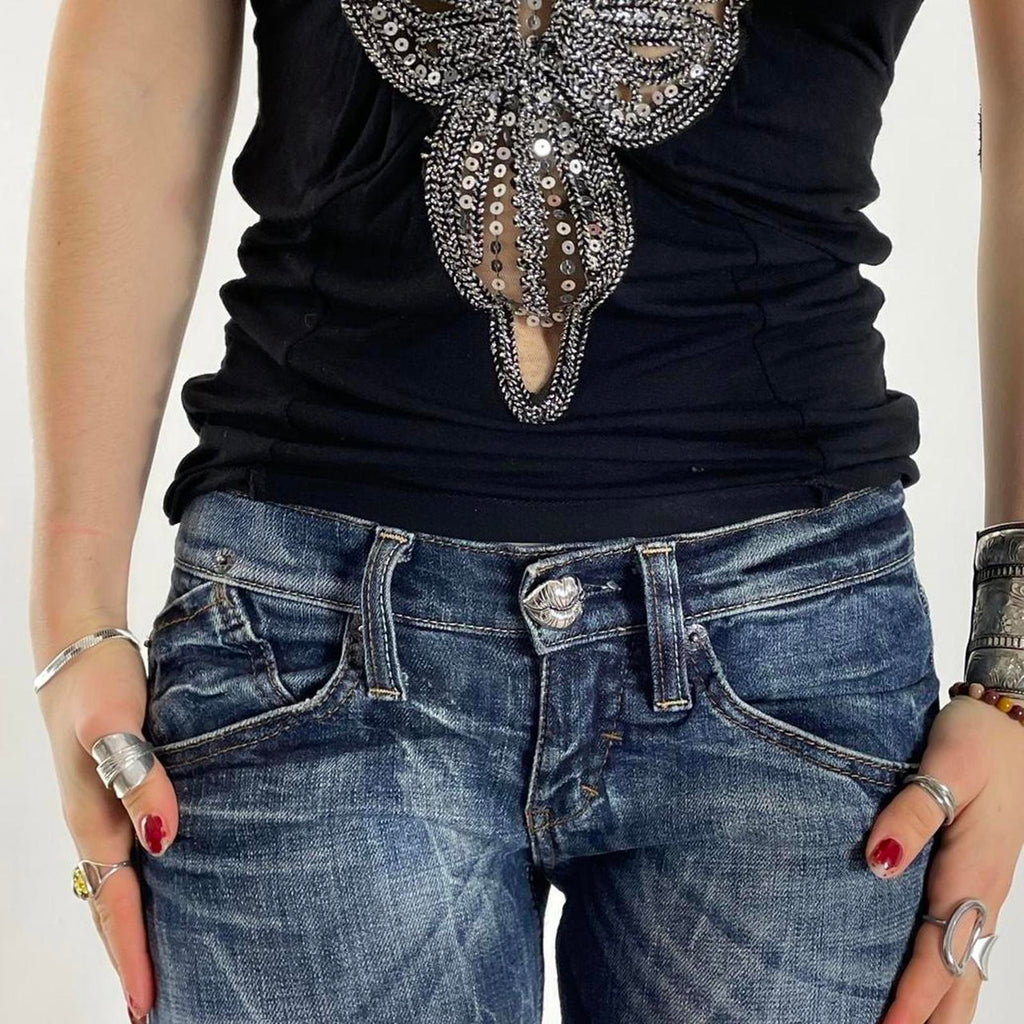 Y2K Miss Sixty lowrise bootcut jeans navy raw wash with contrastiching and embelishments