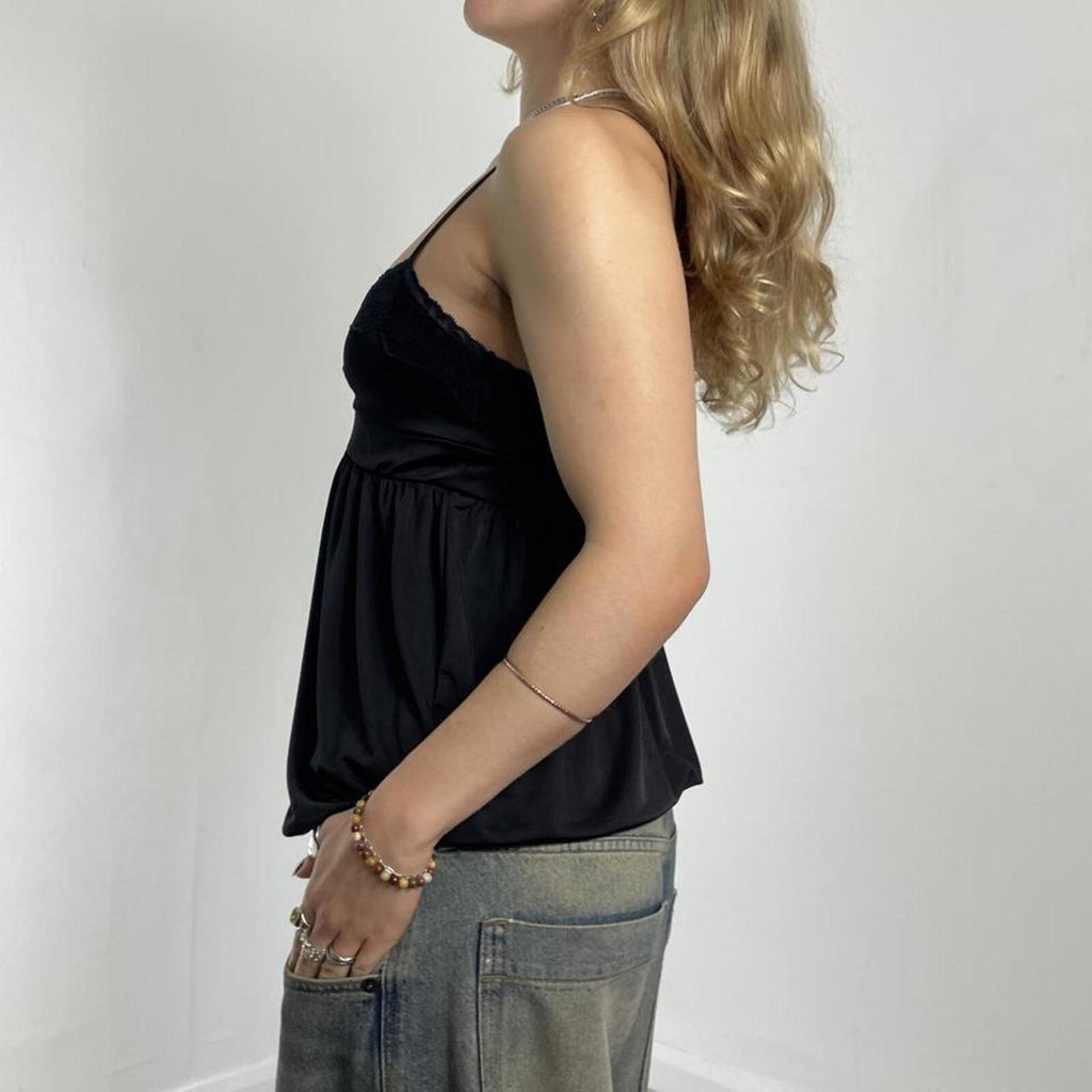 Black flared balloned cami top with lace trimmings