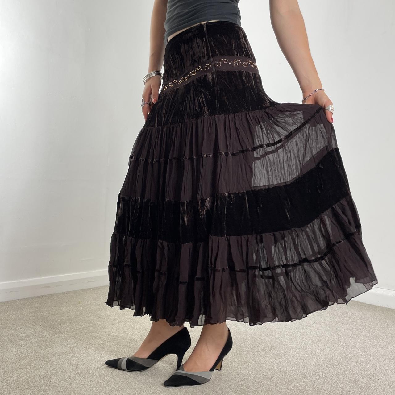 Tiered brown flowy lace and velvet maxi skirt