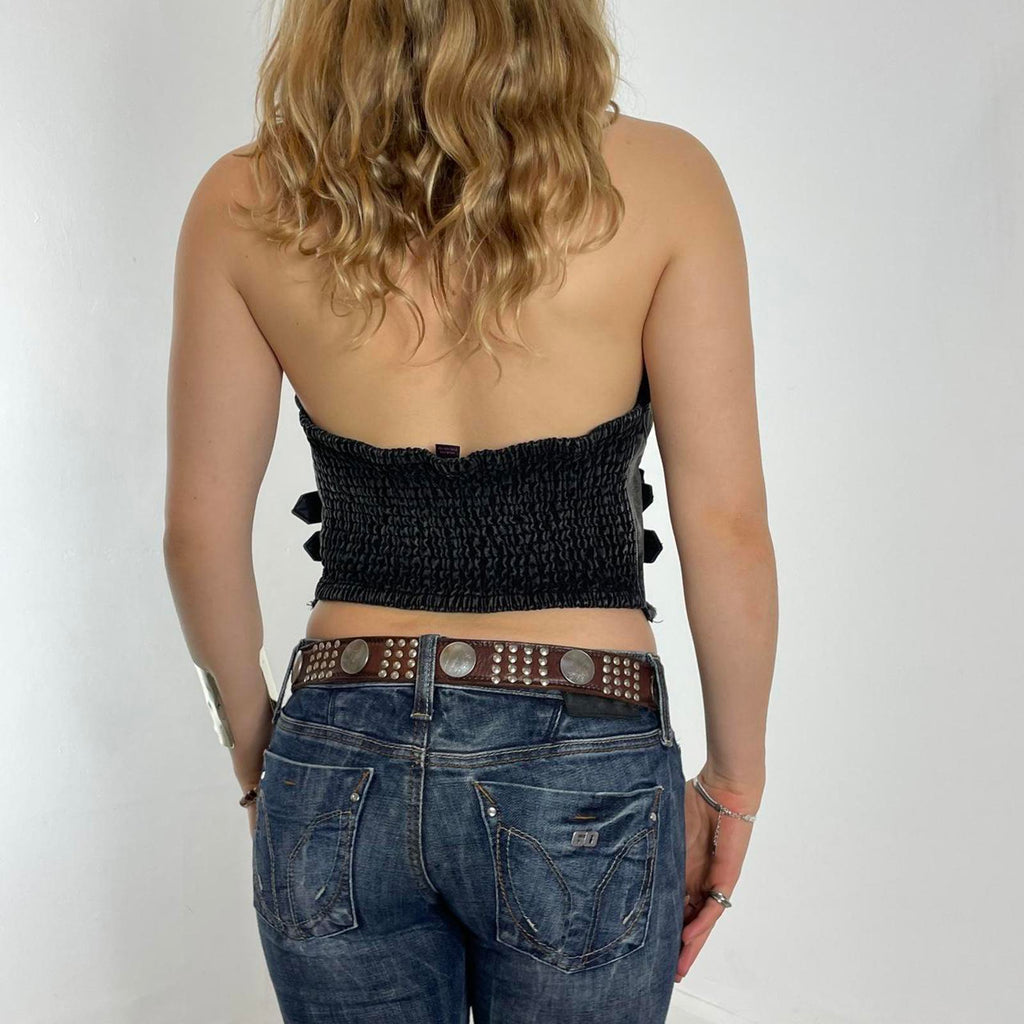 Grunge vintage halter neck raw hem waistcoat, with buckles and buttons in the middle
