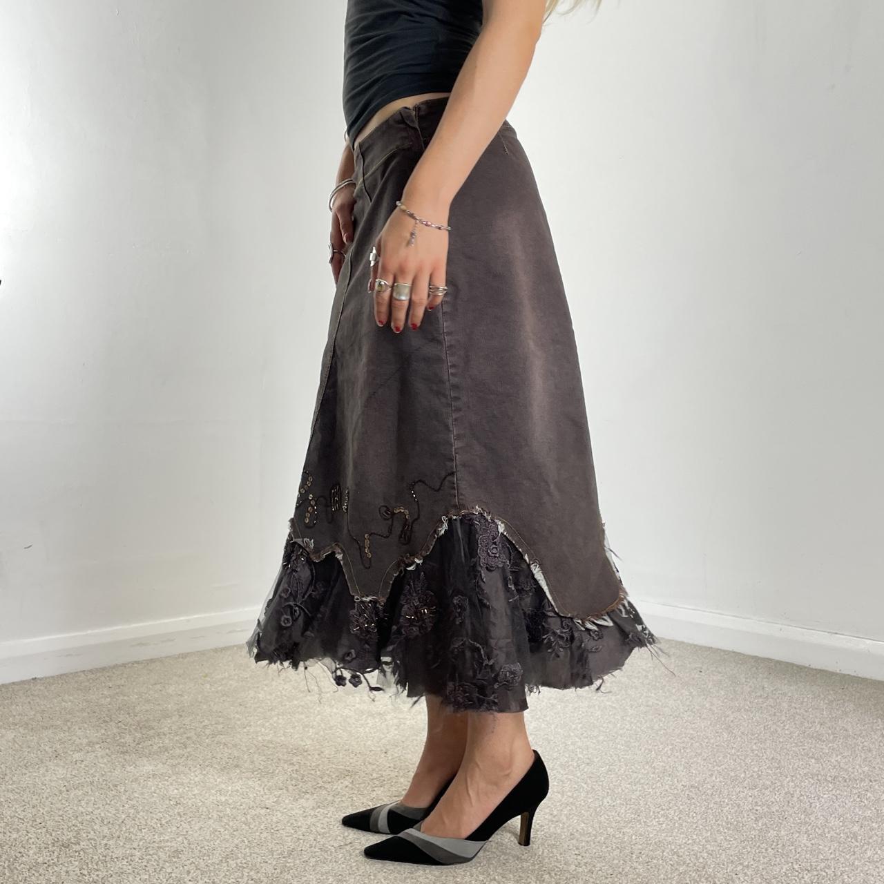 Vintage purple denim maxi skirt with embroided sequin mesh details at the bottom