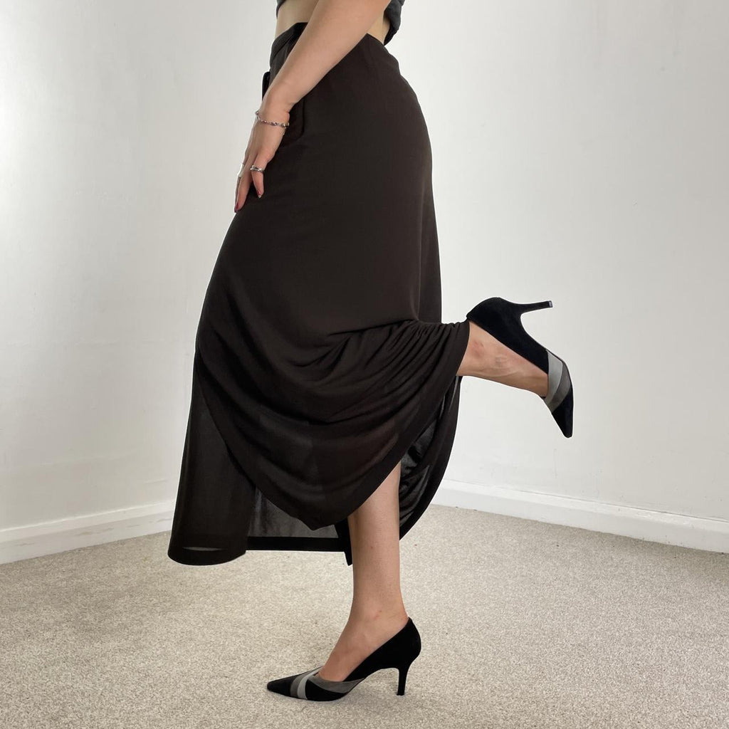 Vintage full length mesh alt wrap brown skirt slits up the sides