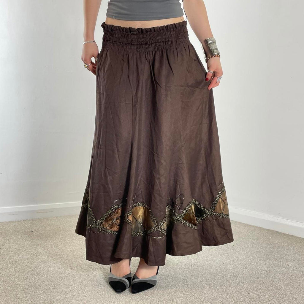 Vintage brown full length maxi skirt with embelished and embroided details across the hem