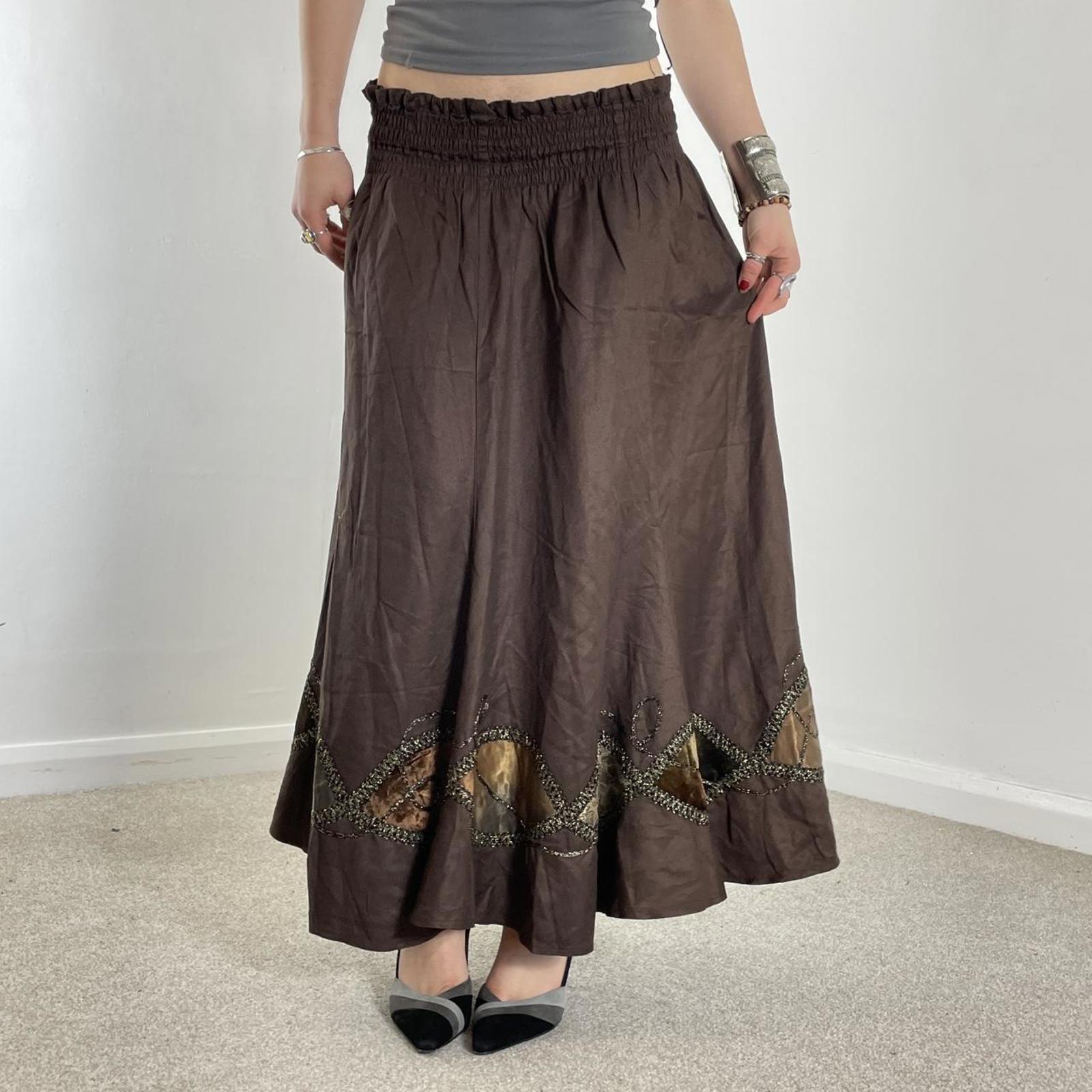 Vintage brown full length maxi skirt with embelished and embroided details across the hem