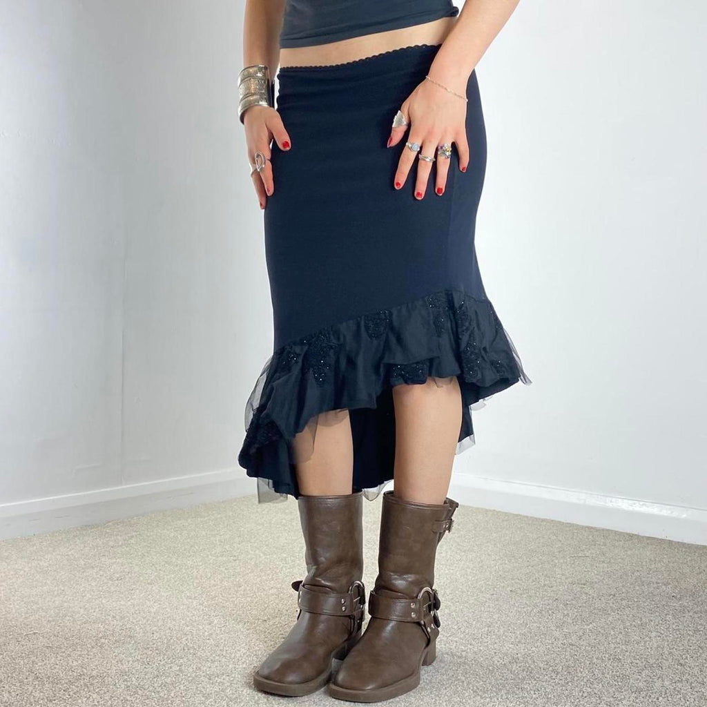 Vintage black asymetrical midi skirt sequined mesh details