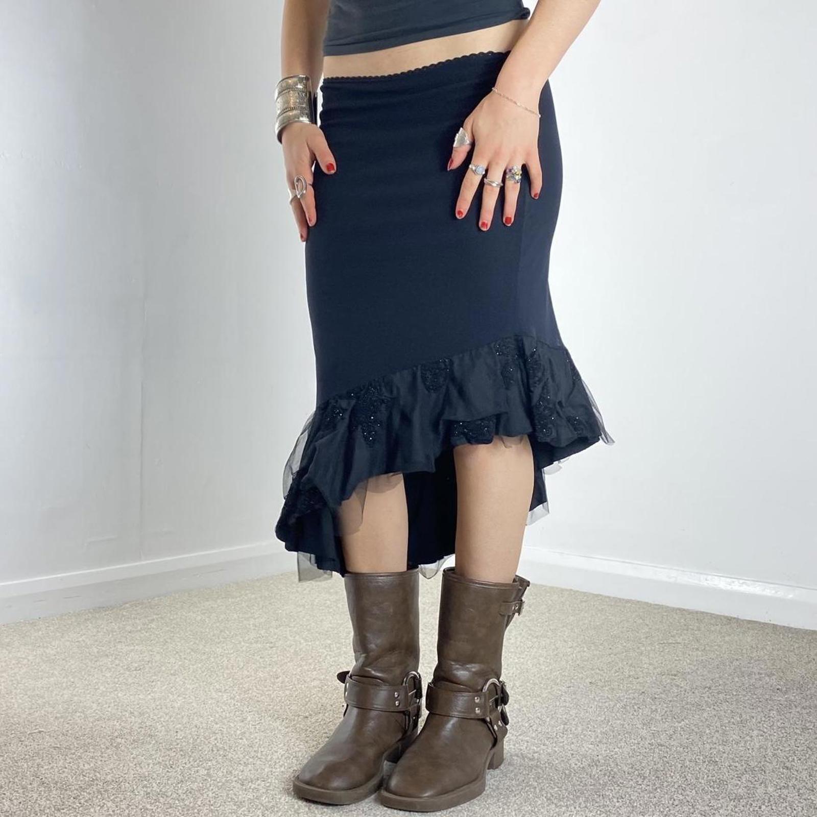 Vintage black asymetrical midi skirt sequined mesh details