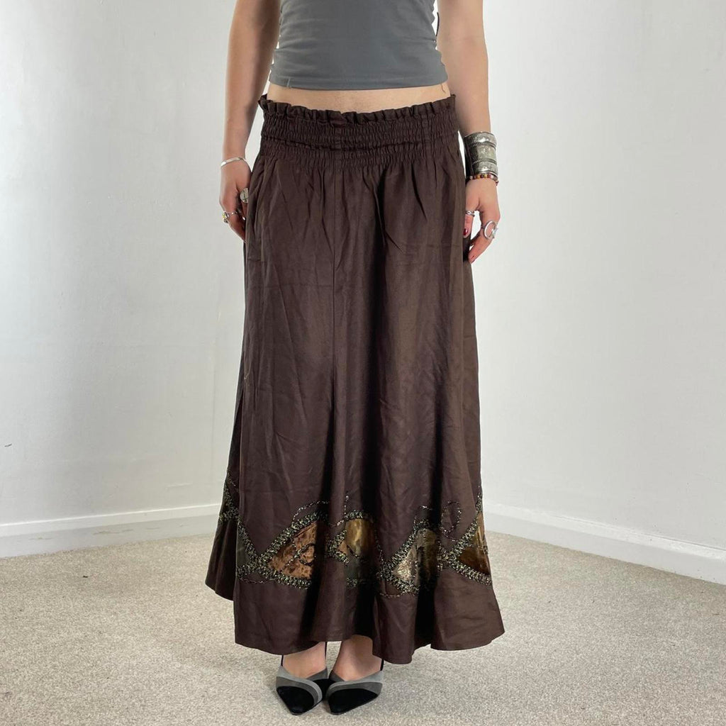 Vintage brown full length maxi skirt with embelished and embroided details across the hem