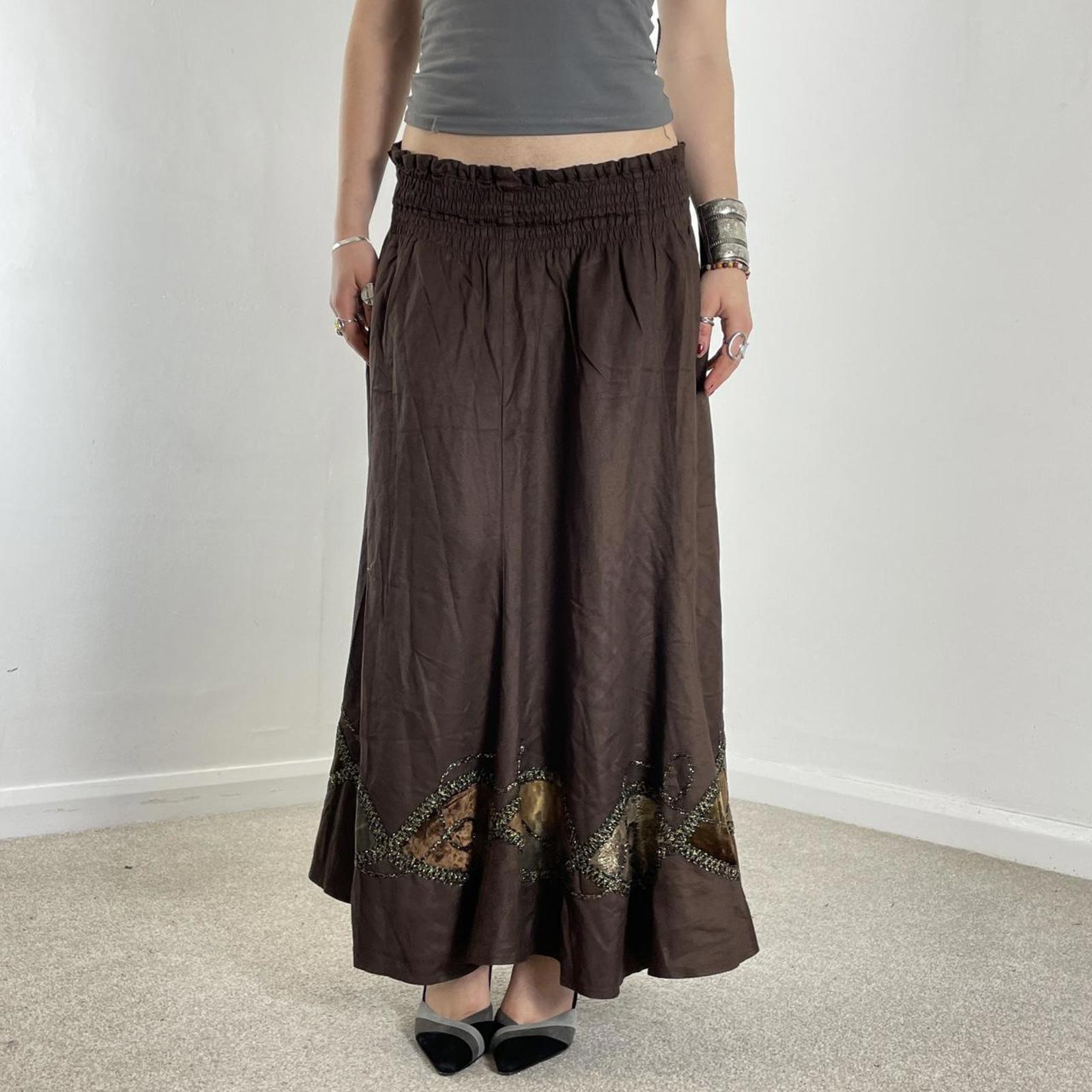 Vintage brown full length maxi skirt with embelished and embroided details across the hem