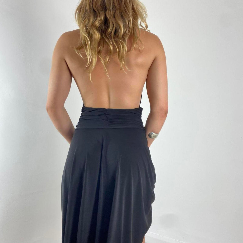 V neck black dance dress with a low cut back and beautiful silver sequins in the middle