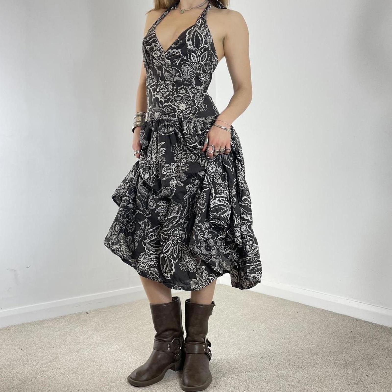 Vintage floral full length halter neck brown and white dress