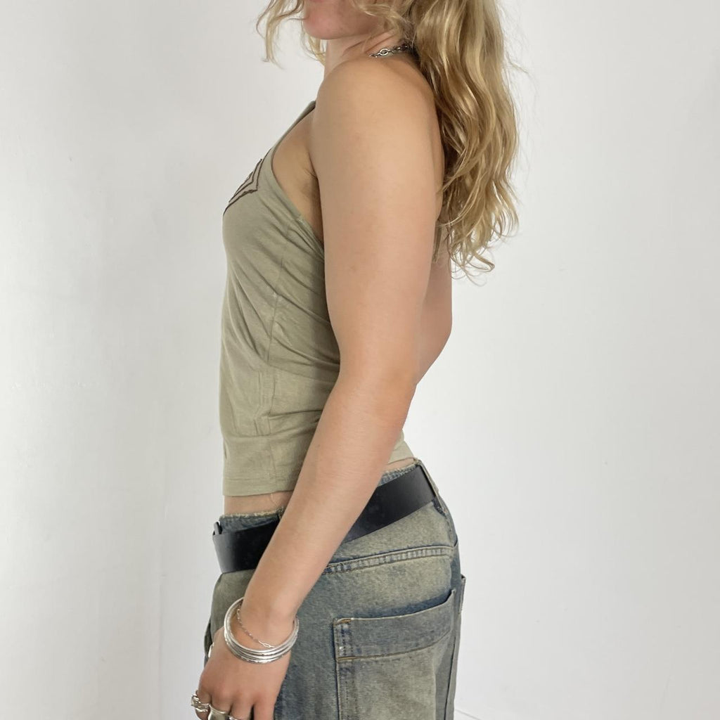 Bohemian khaki embroidered halterneck top