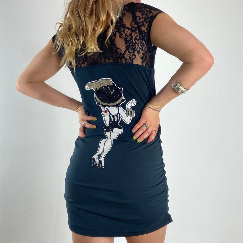 Y2K tight fitted Betty Boop mini dress with lacing at the shoulders and white beaded embroidery