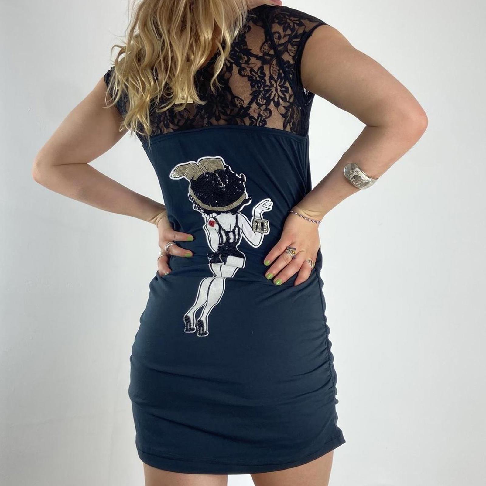 Y2K tight fitted Betty Boop mini dress with lacing at the shoulders and white beaded embroidery