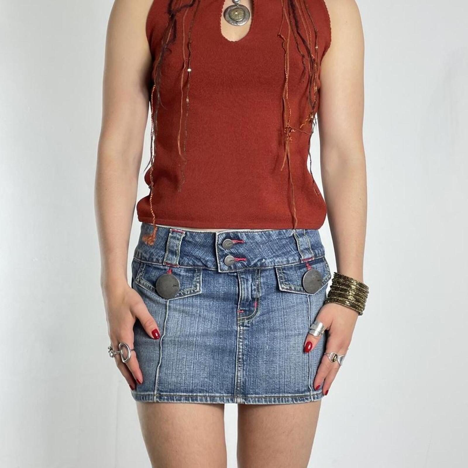 Y2K Denim low rise blue mini skirt with circlular silver buttons and contrast stitching