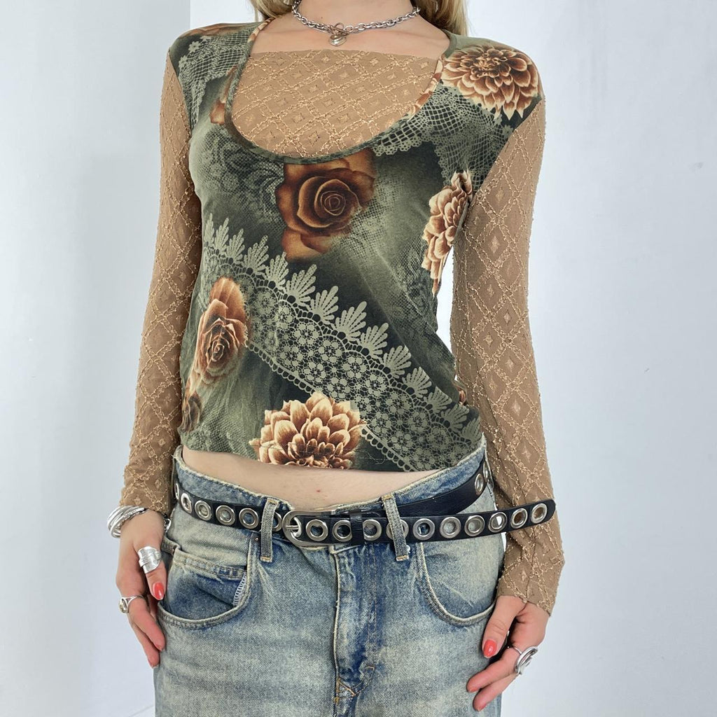 Vintage long sleeve floral print top with cream lace sleeves