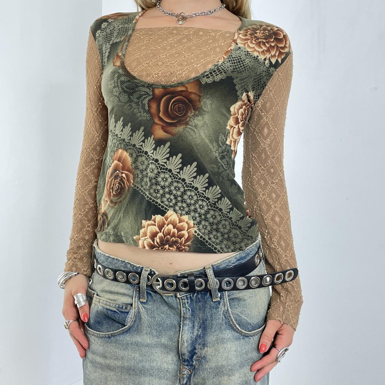 Vintage long sleeve floral print top with cream lace sleeves