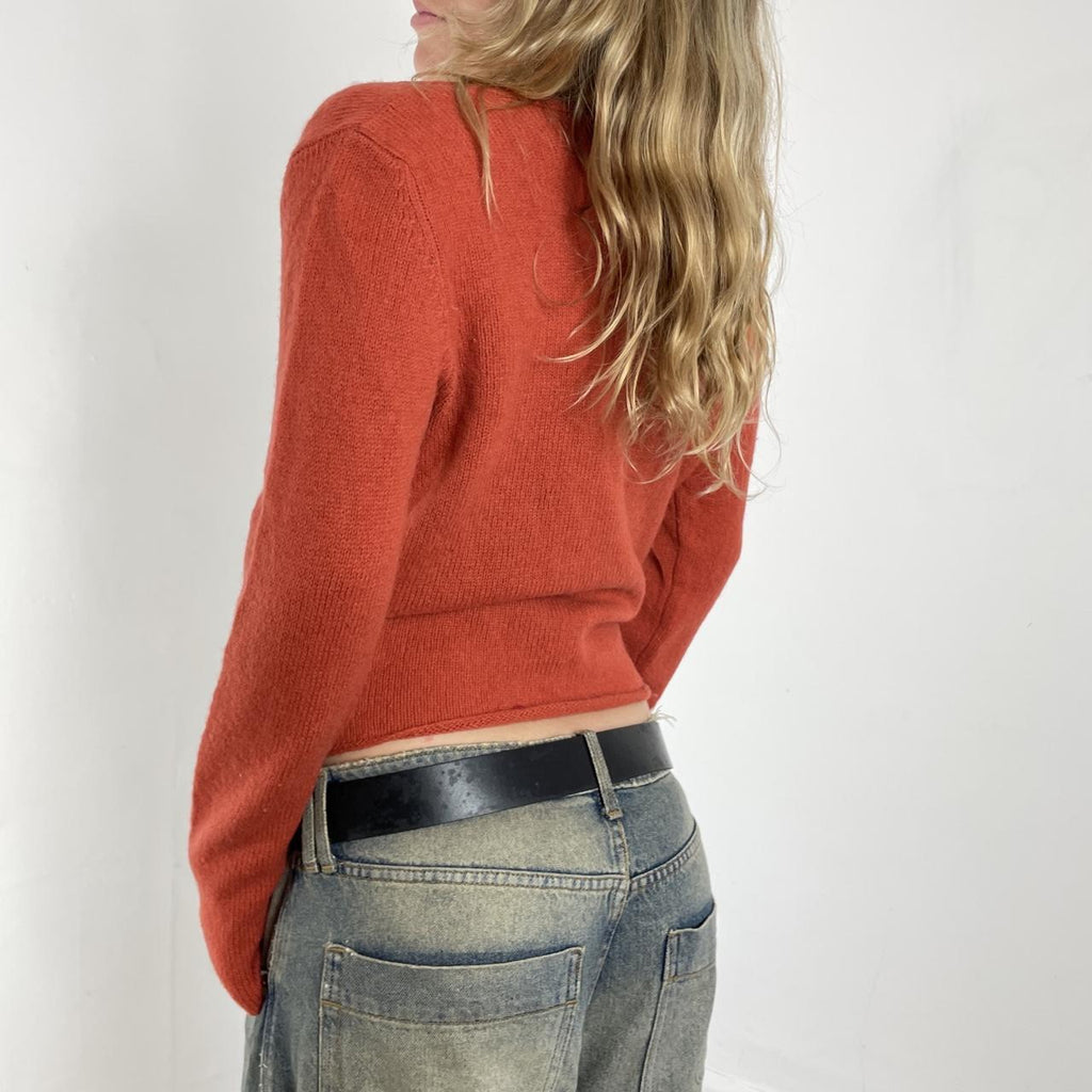 Burnt orange wool v neck long sleeve wrap jumper
