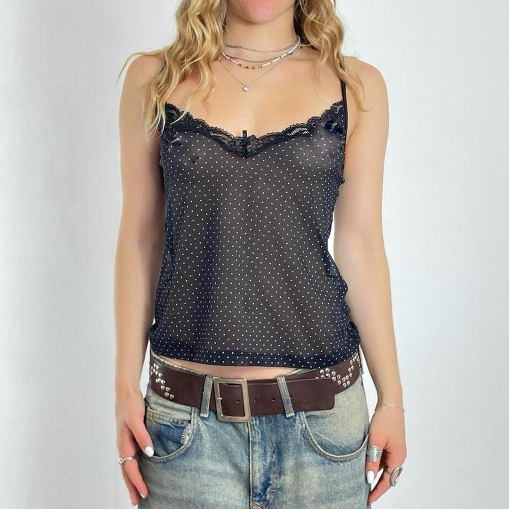 Black polka-dotted mesh cami top with black lace