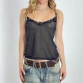 Black polka-dotted mesh cami top with black lace