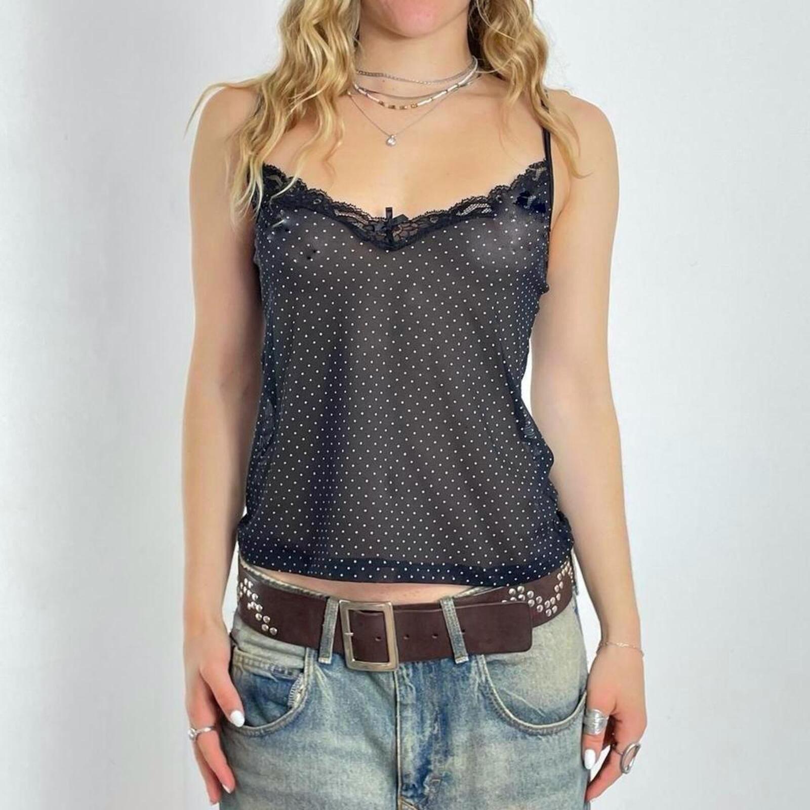 Black polka-dotted mesh cami top with black lace