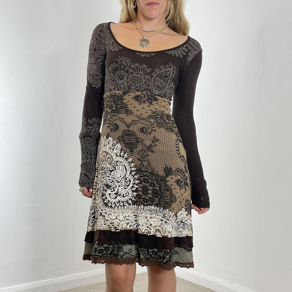 Brown bohemian desigual graphic long sleeve dress