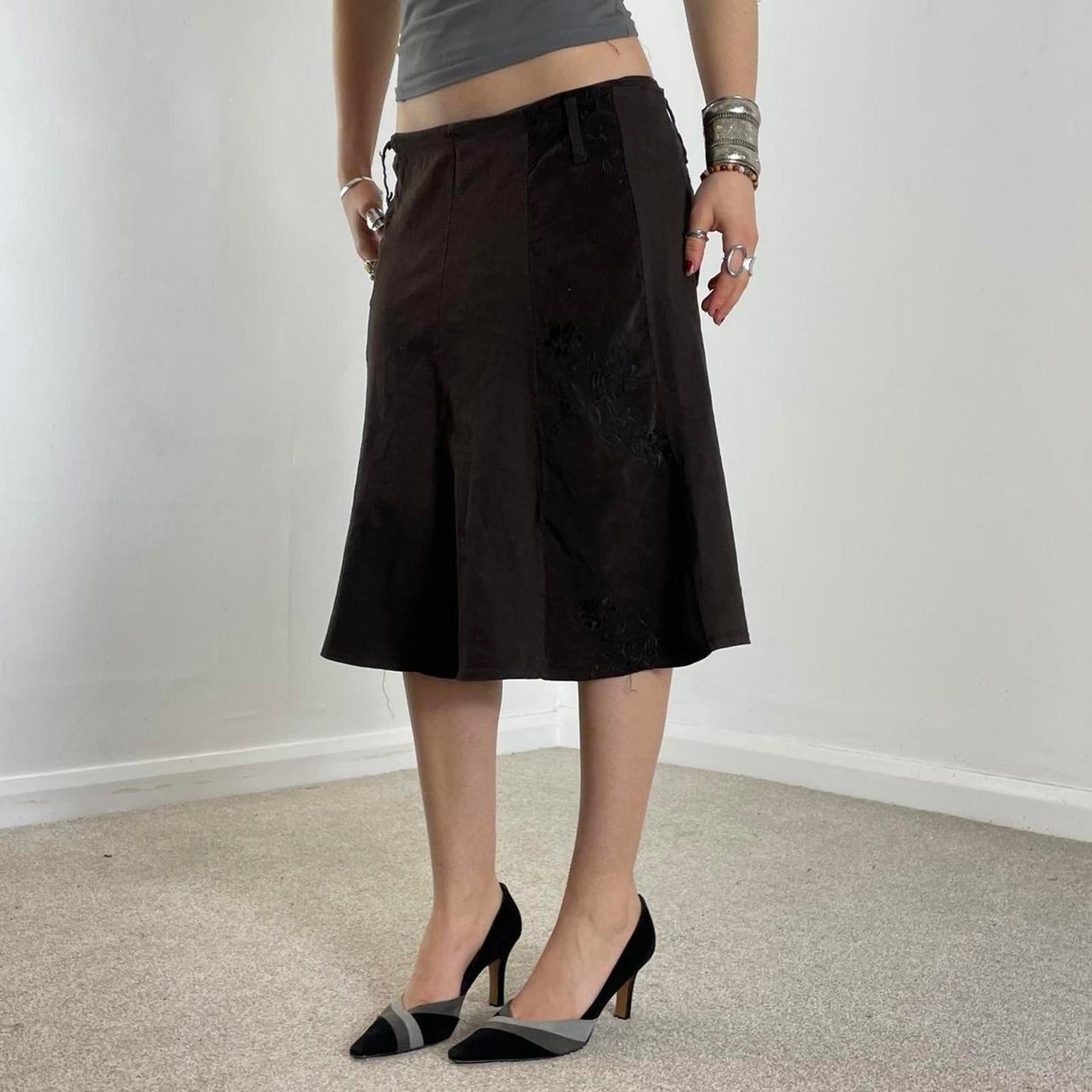 00's brown panelled floral embroided midi skirt