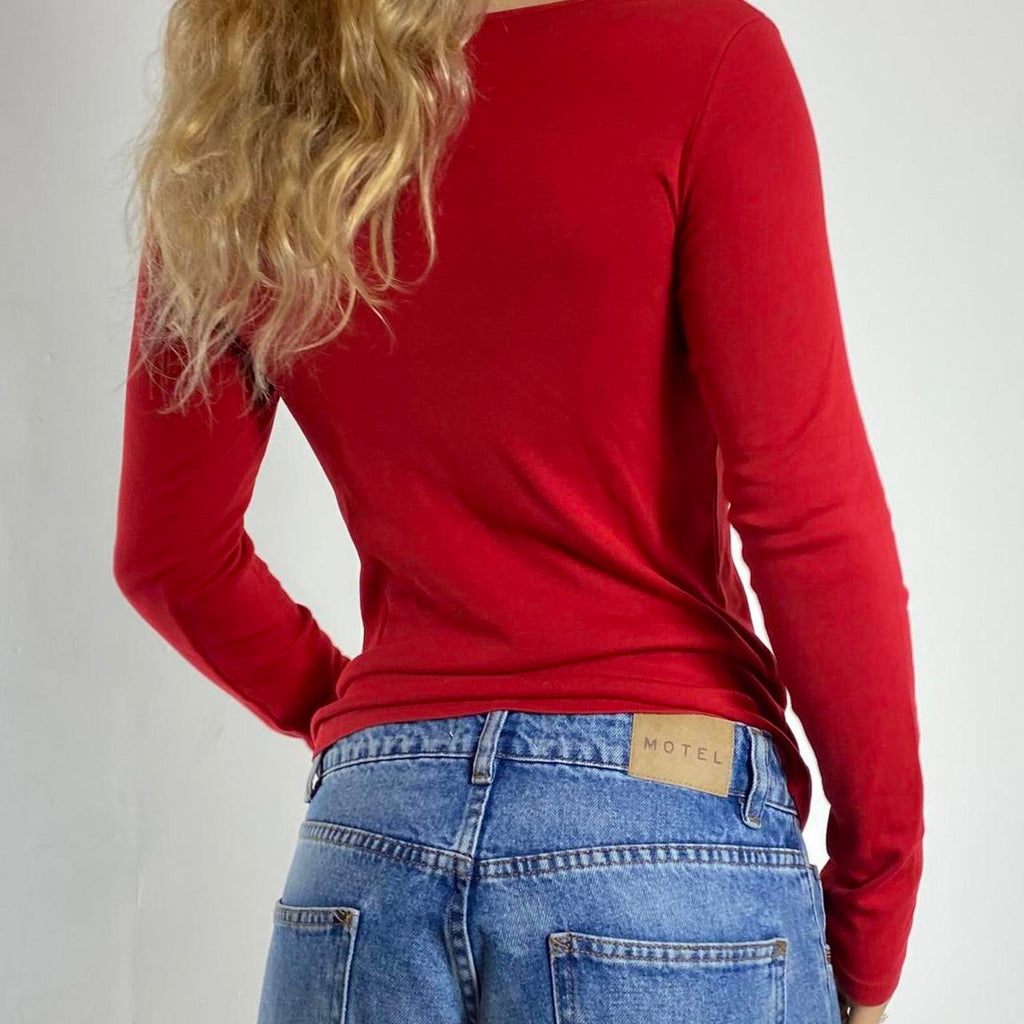Y2K "sisley" red long sleeve glittery silver spell out low cut top