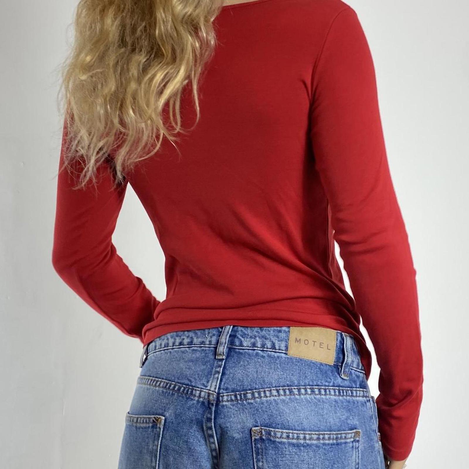 Y2K "sisley" red long sleeve glittery silver spell out low cut top