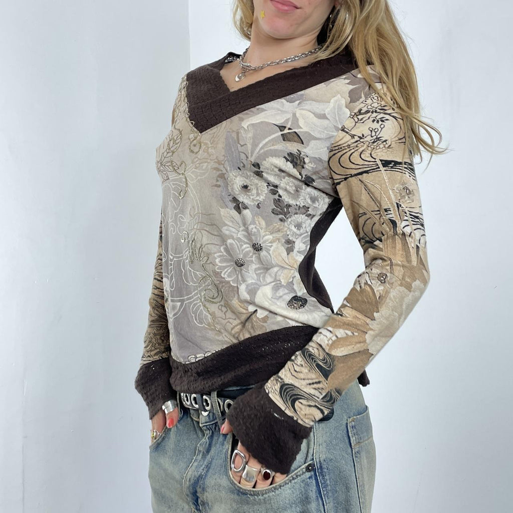 Brown and tan vintage patterned long sleeve top with wool sleeves