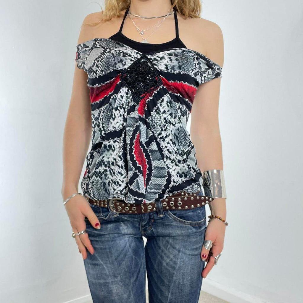 Vintage black and red snake print multi-layered halterneck top