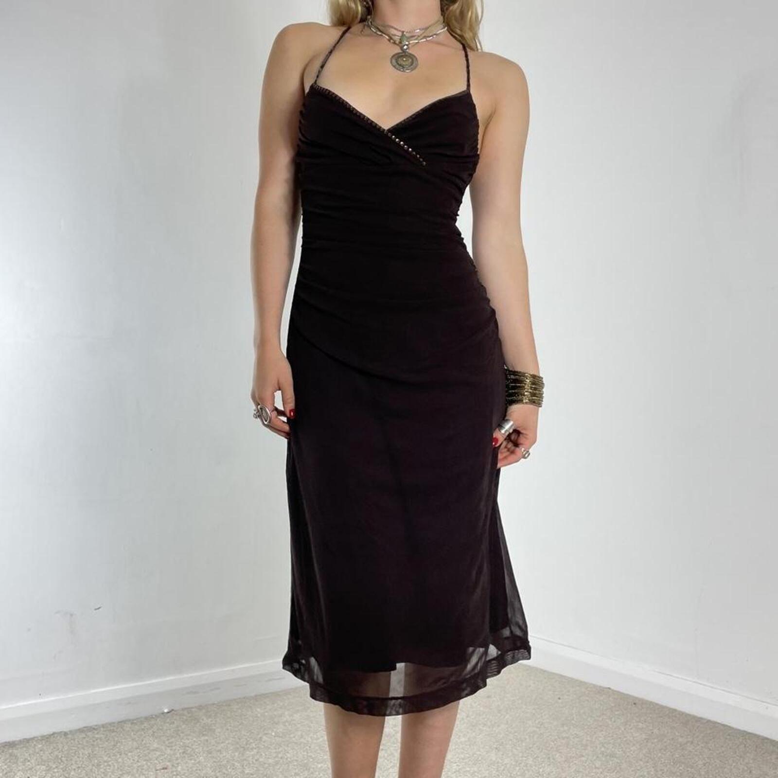 Vintage brown fitted mesh midi dress with sequin embellishments