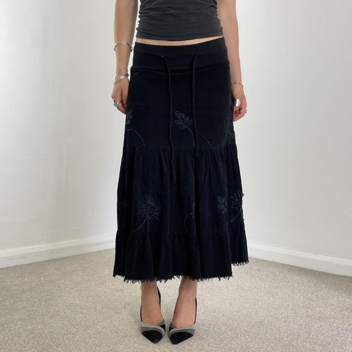 Vintage full length teired black cordorouy embroided skirt