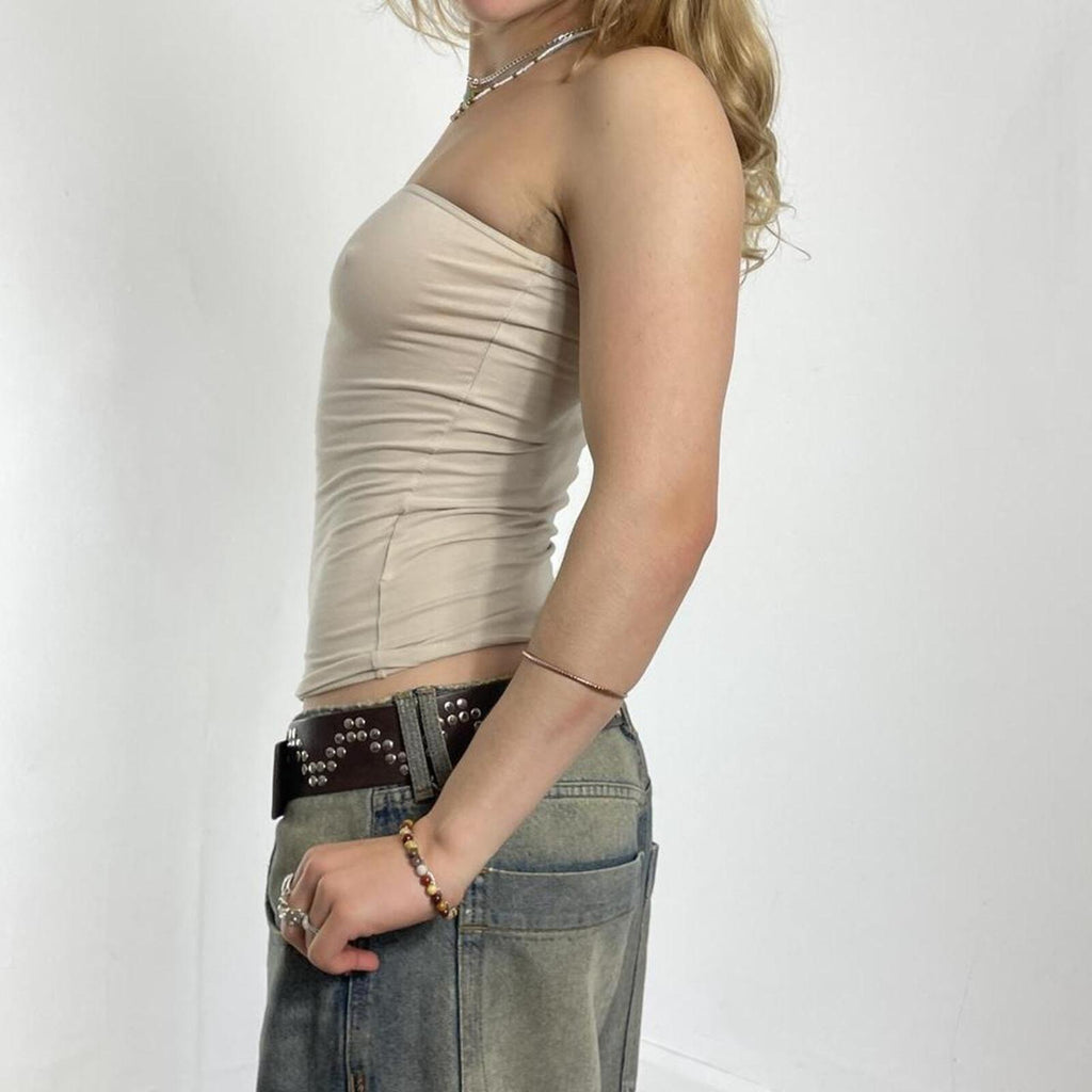 00's beige rhinestone strapless top