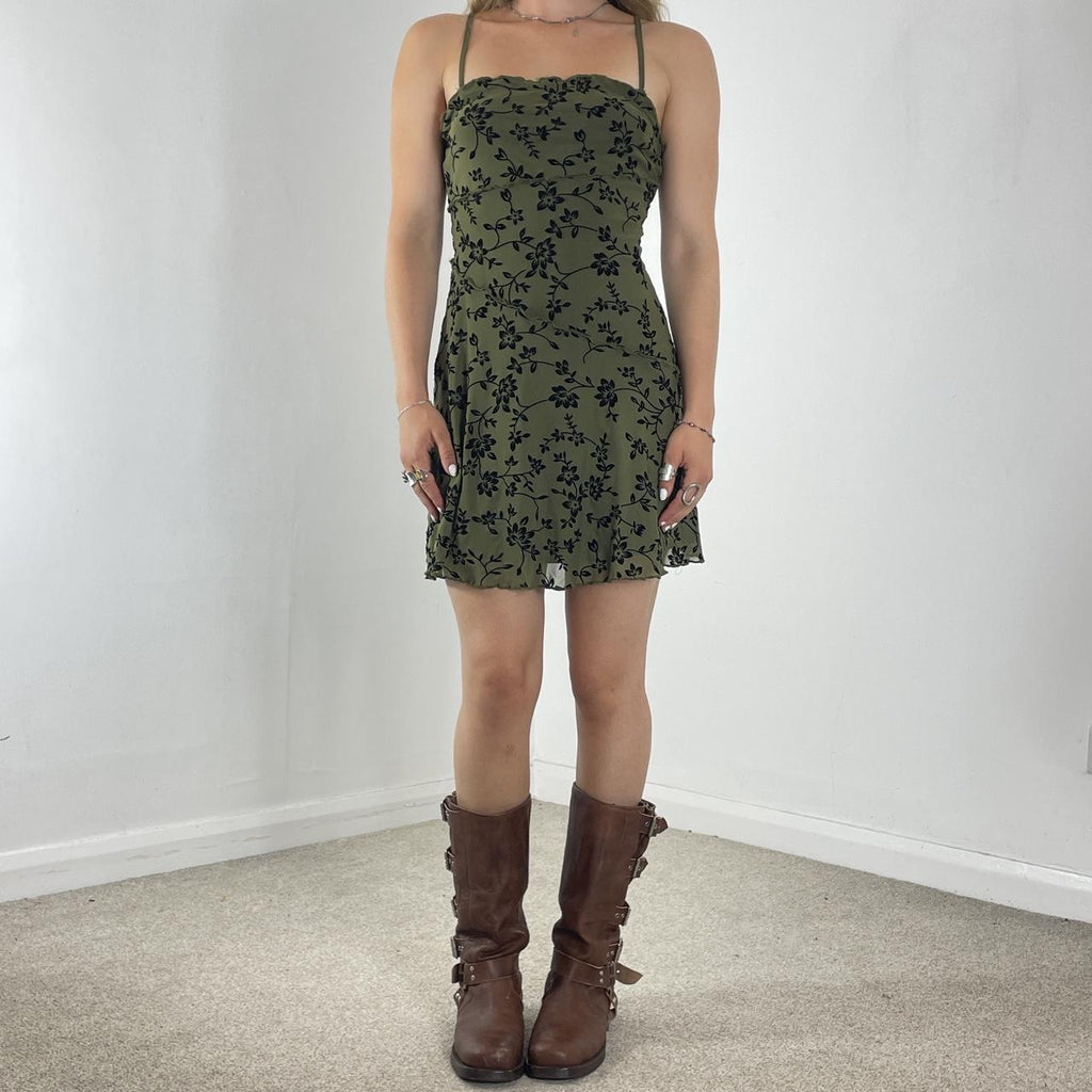 Mesh forest green and black pleated mini dress